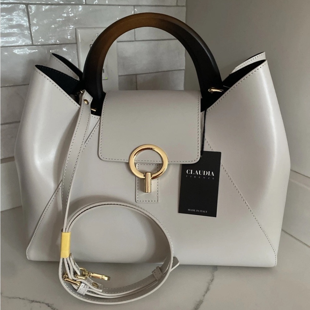 🆕 Claudia Firenze Isadora 🇮🇹 Handbag Wooden Handle Cream Italian Leather Satchel - Picture 15 of 16